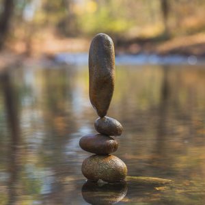 A vertical shot of rocks balanced on each other at the lake in the forest